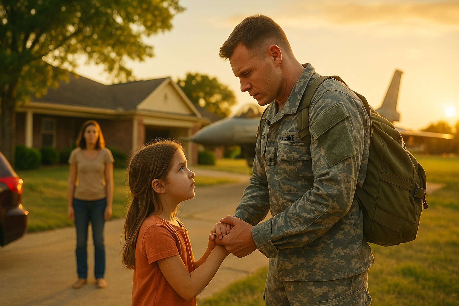 Military father in uniform holding his daughter’s hands during an emotional goodbye at sunset, representing the challenges of Texas child support military cases.