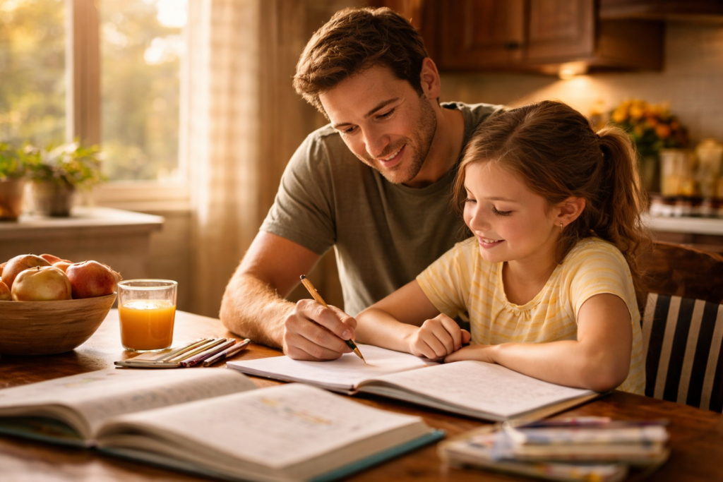 A parent is sitting at a kitchen table, helping their child with homework, fostering a supportive parent-child relationship. This nurturing scene highlights the importance of family dynamics and the role of parents in their child's education.