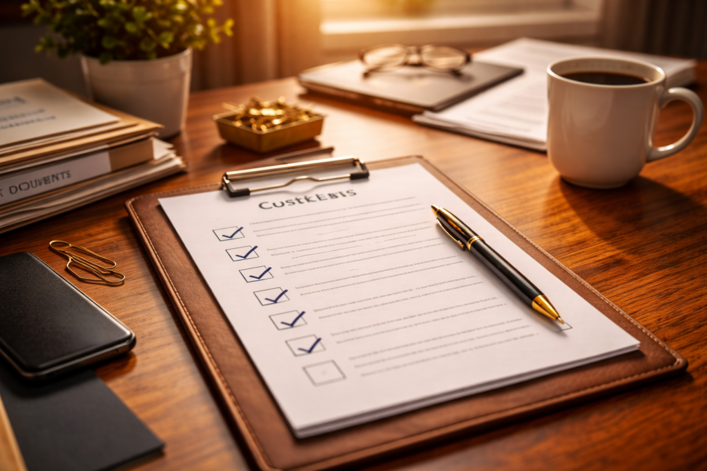 A checklist on a clipboard rests alongside a pen and a coffee cup on a wooden table, symbolizing the careful preparation needed in child custody cases under Texas family law. This scene reflects the importance of organized planning and legal representation to ensure the child's best interests are prioritized during custody disputes.