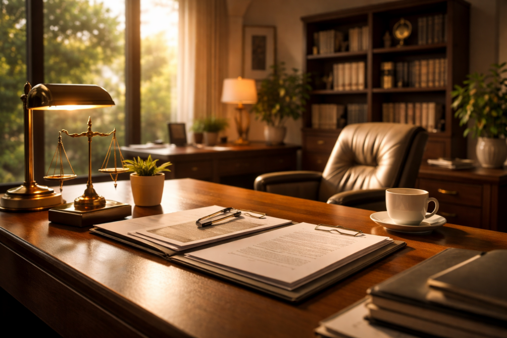 The image depicts a calm professional office setting featuring a wooden desk with neatly arranged legal documents and a coffee cup, creating an inviting atmosphere for initial legal consultations. This environment reflects the focus on family law matters, such as divorce and child custody, where clients can receive compassionate support from their legal team.