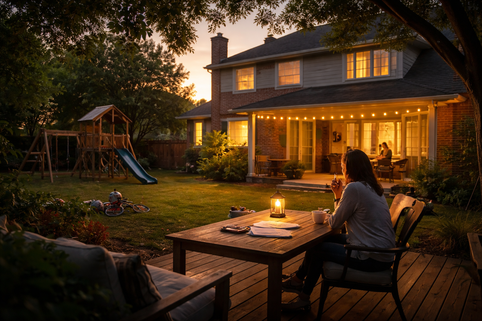 Wide-angle evening view of a Texas family home with a parent sitting quietly on a backyard patio, reflecting during a peaceful summer night.