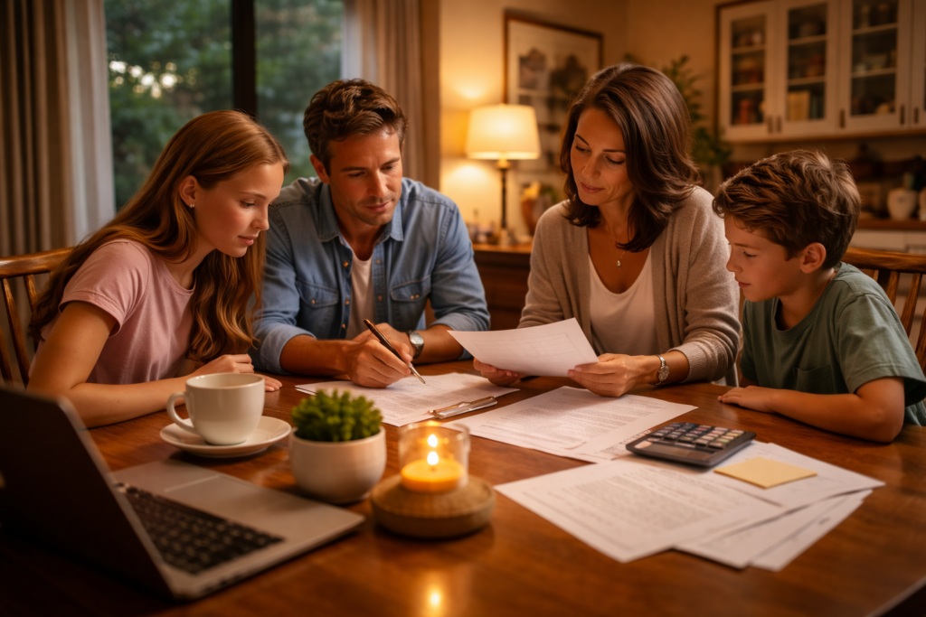A family is gathered around a dining table in a cozy home, reviewing important paperwork related to their family law matters. They appear engaged and focused, indicating a collaborative effort in navigating the divorce process and making informed decisions together.