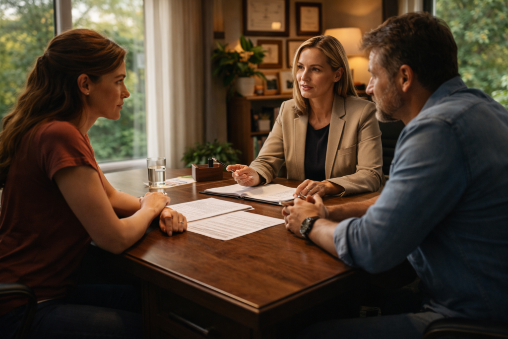 The image depicts two parents engaged in mediation with a mediator at a conference table, discussing child custody arrangements in a calm and professional setting. This scene highlights the importance of legal services and mediation in navigating family law cases, ensuring the best interests of the child are prioritized.