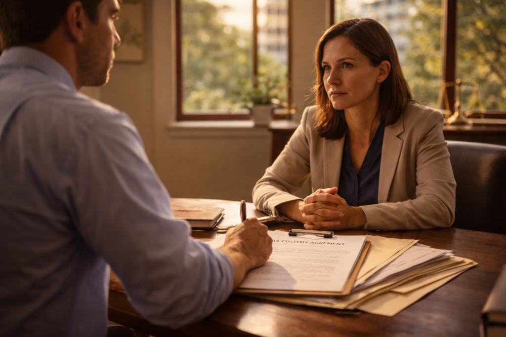 The image depicts two adults engaged in a professional discussion across a table, likely addressing issues related to child custody and family law. They appear focused and serious, possibly discussing custody and visitation orders or strategies to resolve custody disputes amicably in accordance with Texas law.