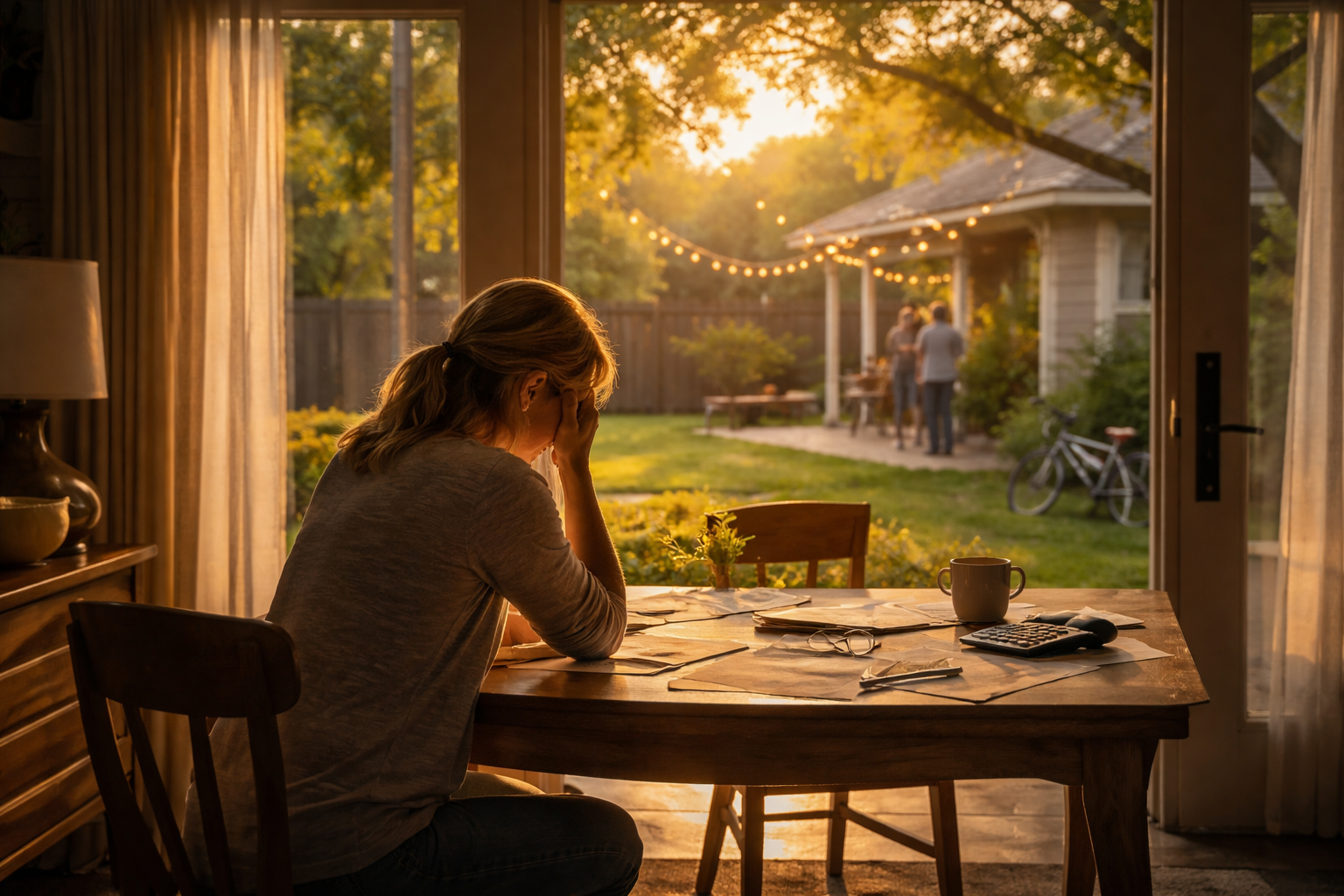 A woman sitting alone at a dining table in a quiet Texas home, reviewing bills and paperwork during a reflective summer evening