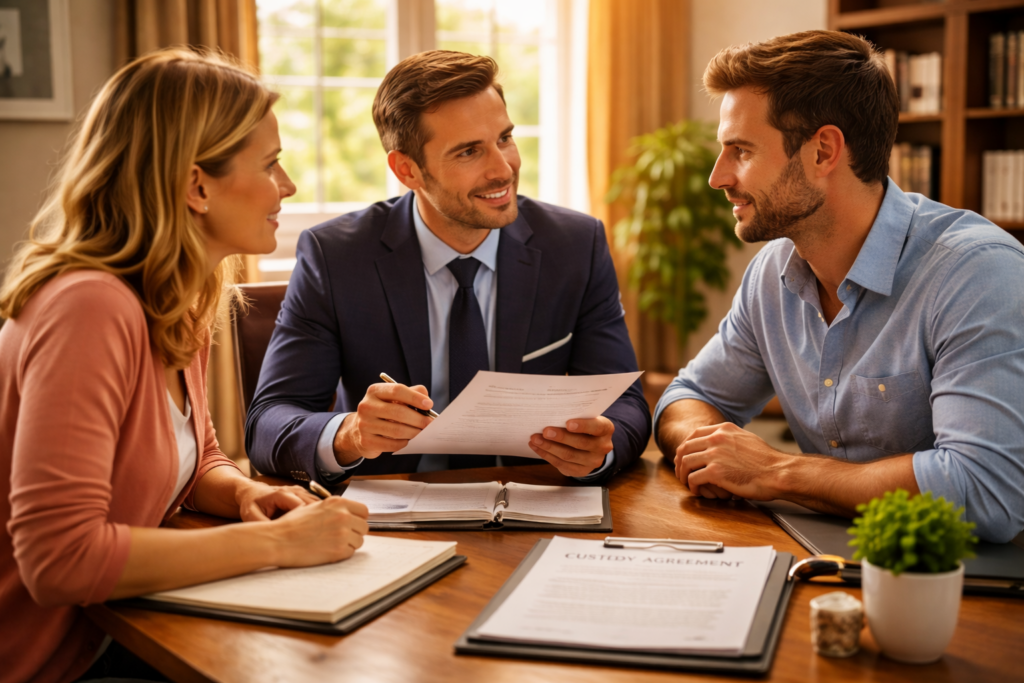 The image depicts a professional meeting room where two individuals are engaged in a constructive discussion, likely focused on important topics such as child custody and family law in Texas. Their interaction suggests a collaborative effort to navigate custody arrangements and ensure the best interests of the child are prioritized.