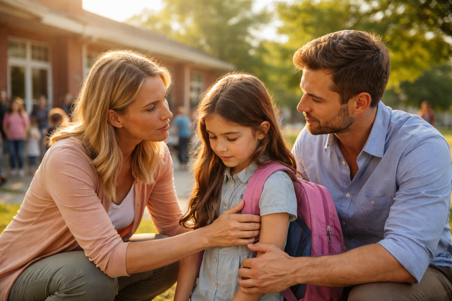 Parents comforting their daughter outside a school during a custody transition, reflecting child stability and support in Texas custody cases