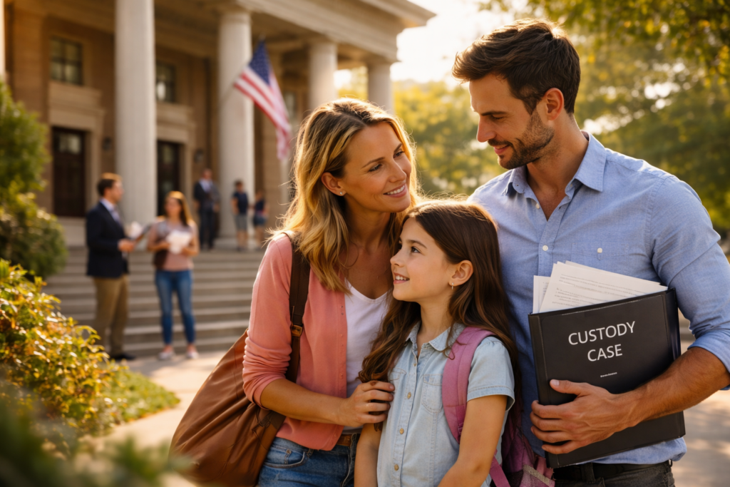 Parents standing with their daughter outside a Texas courthouse, showing calm cooperation and focus on child stability during a custody case