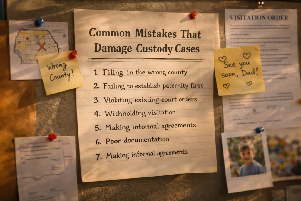 A bulletin board displaying a list of common mistakes that can damage child custody cases, surrounded by legal notes, documents, and family reminders in warm light