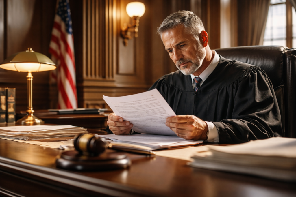 In a courtroom setting, a judge is intently reviewing legal documents, likely related to a divorce settlement agreement, as part of the divorce process. The atmosphere is formal, highlighting the importance of the court's role in finalizing marital settlement agreements and ensuring fair provisions for child custody and spousal support.
