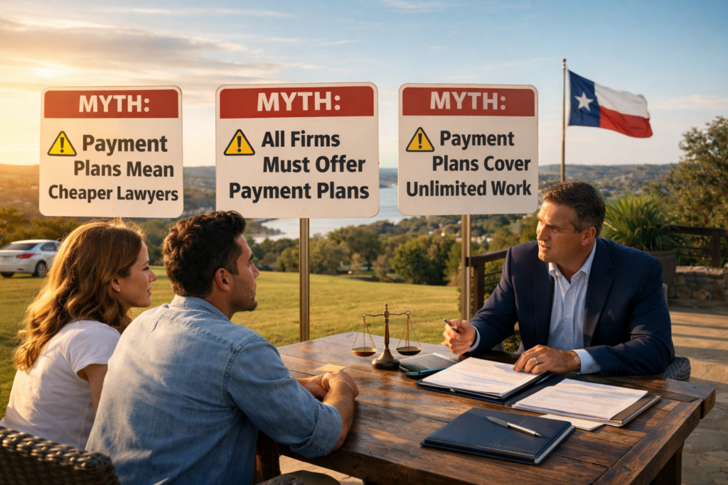 Wide-angle, photo-realistic image of a couple consulting with a divorce attorney in a bright office, illustrating common misunderstandings about Texas divorce fee payment plans.