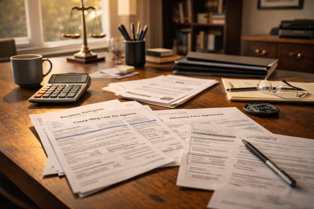 The image depicts a professional office desk cluttered with legal documents, a calculator, and other office supplies, suggesting a focus on the financial implications of divorce costs, such as attorney fees and court filing fees in Texas. This setup may represent the complexities of the divorce process, including potential additional costs and the need for experienced legal guidance.