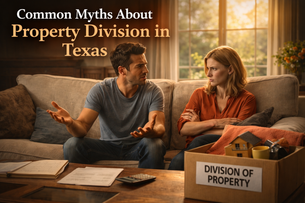 A Texas couple sits on a couch in a sunlit living room, discussing property division with visible tension, reflecting common myths and misunderstandings about divorce in Texas.