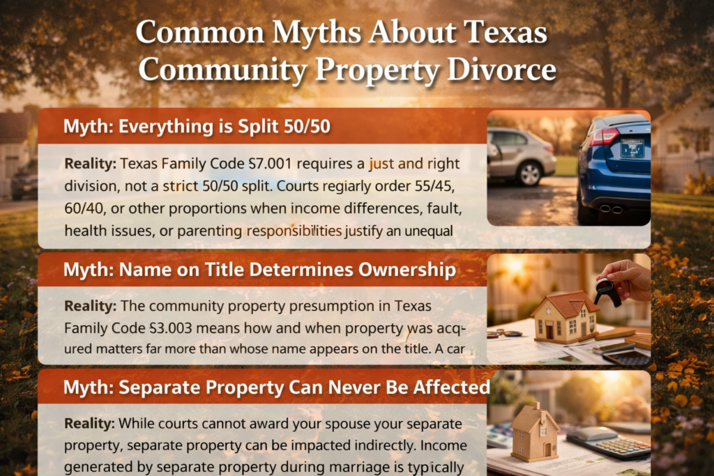 Infographic illustrating common myths about Texas community property divorce, showing homes, vehicles, and financial documents to explain how property division really works under Texas law.