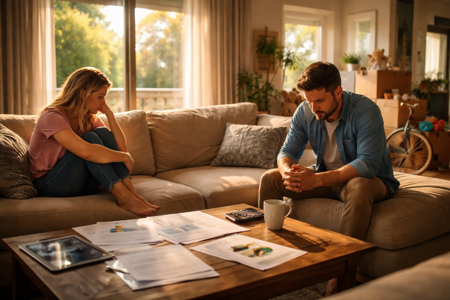A Texas couple sitting apart on a living room couch reviewing financial documents during a divorce conversation