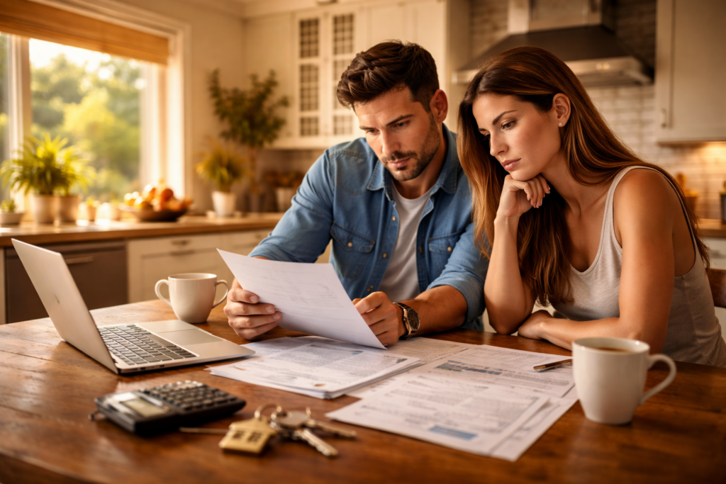 A couple sits at a kitchen table, reviewing financial documents that likely include details about their marital property and community property laws in Texas. They appear focused on understanding their assets and preparing for property division during the divorce process.
