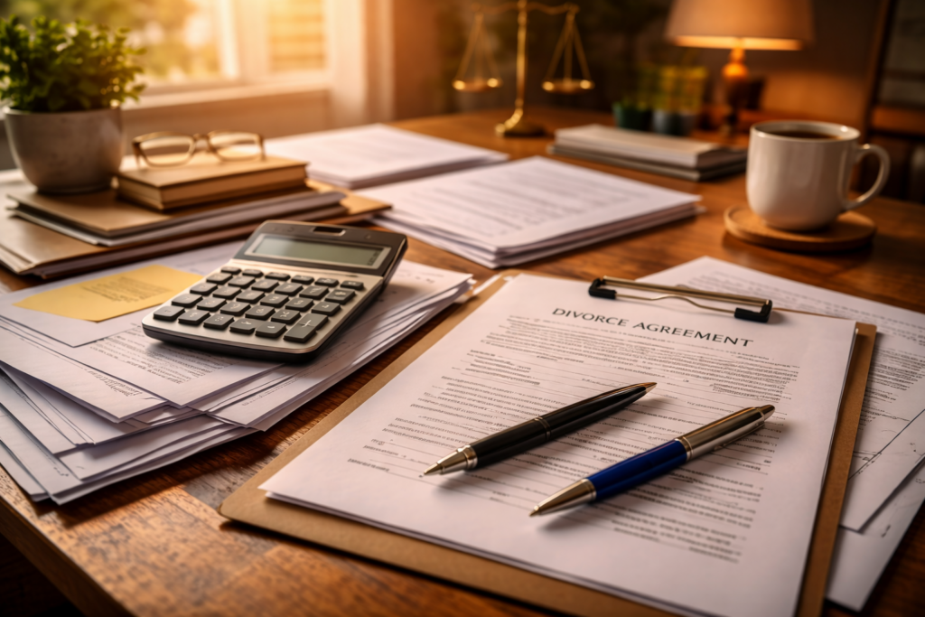 The image features a simple office desk cluttered with legal documents, a calculator, and a few pens, symbolizing the planning of divorce costs. This setup reflects the financial considerations involved in divorce proceedings, including attorney fees, court filing fees, and potential expenses related to child custody and property division.