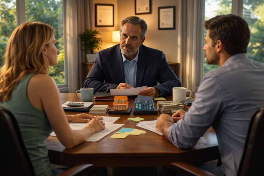 Divorcing couple meeting with a mediator at a conference table, reviewing settlement documents and property details during a Texas divorce mediation session