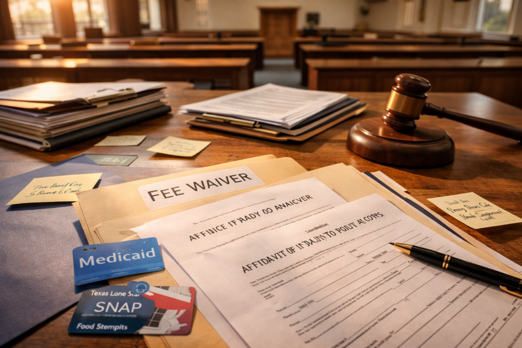 Divorce fee waiver paperwork laid out on a courtroom desk, including an affidavit of inability to pay court costs, filing folders, and a judge’s gavel in a sunlit Texas courtroom.