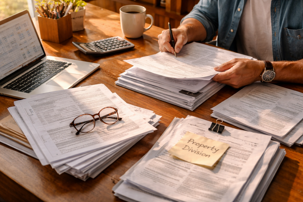 The image shows a person meticulously organizing financial documents and statements on a desk, which may include divorce papers and legal documents related to property division in an uncontested divorce. This scene reflects the importance of understanding community property and separate property in the divorce process, especially under Texas law.