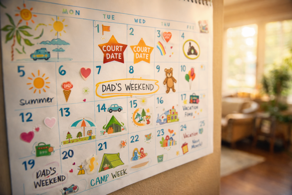 The image shows a colorful calendar adorned with various stickers that highlight important dates for family scheduling, such as court dates for child custody and visitation orders. This visual representation emphasizes the significance of organizing family events and obligations, which is crucial for maintaining a healthy parent-child relationship.