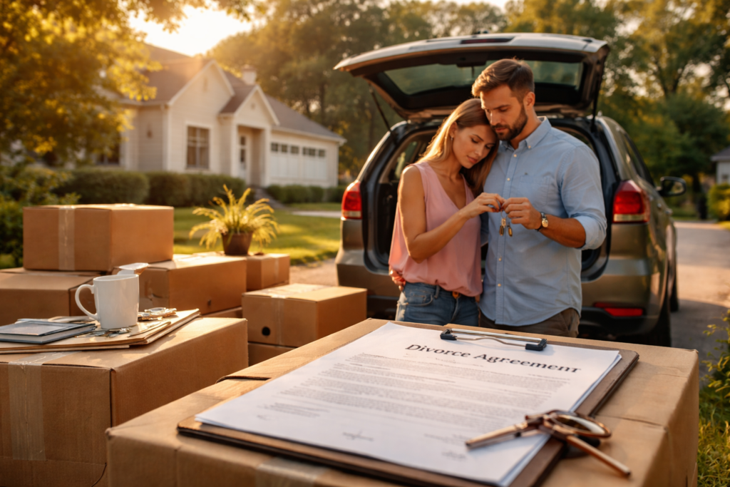 A Texas couple standing beside packed moving boxes reviews a divorce agreement, illustrating the importance of a Divorce Agreement Checklist Texas to avoid costly mistakes.