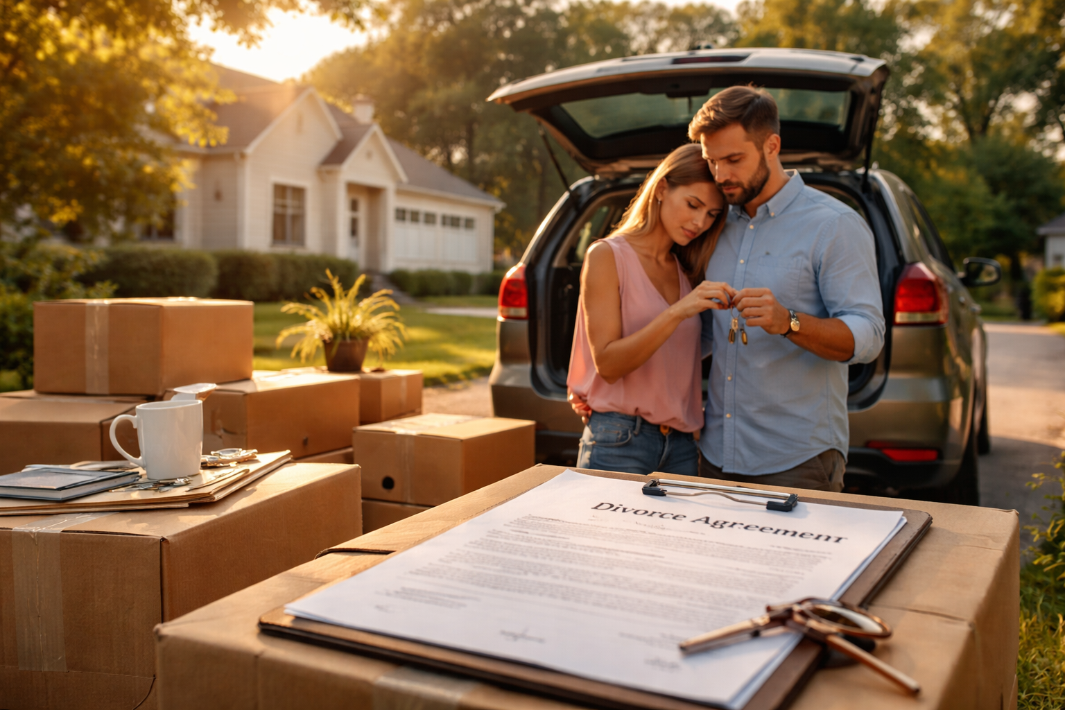 A Texas couple standing beside packed moving boxes reviews a divorce agreement, illustrating the importance of a Divorce Agreement Checklist Texas to avoid costly mistakes.