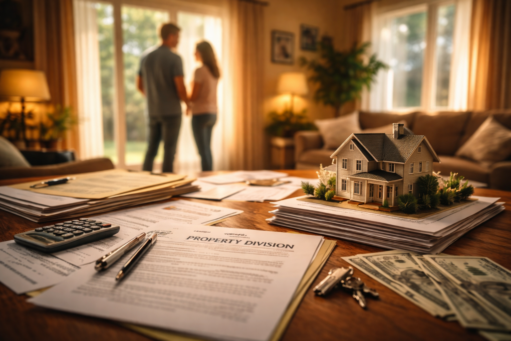 Wide-angle, sunlit living room scene showing divorce-related financial paperwork and a model home on a table, with a couple standing together near a window, reflecting property division decisions during a Texas divorce.