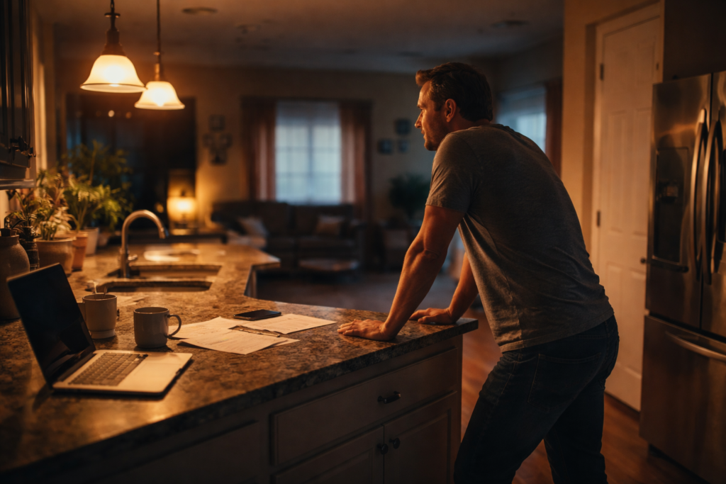Wide-angle photo of a Texas father standing alone in his kitchen late at night, reviewing financial papers during a divorce.