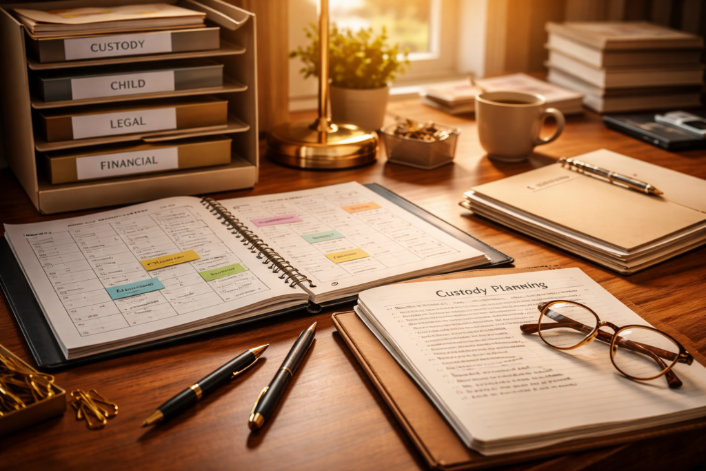 A calendar and a notebook sit on a desk, with an organized folder system visible nearby, suggesting a space dedicated to managing important documents and schedules, possibly related to child custody cases and family law matters in Texas. The setup implies careful preparation and attention to the best interests of the child.