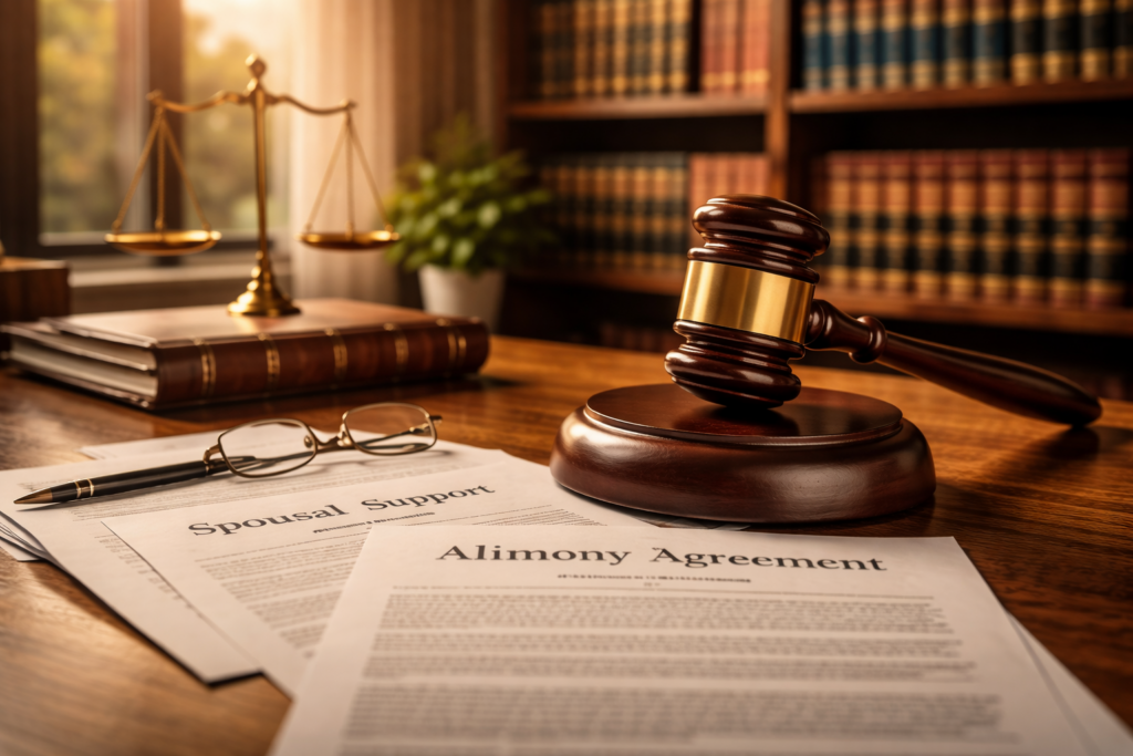 A wooden desk holds a gavel, symbolizing authority in legal matters, with shelves of legal books in the background that represent the complexities of family law, including spousal support and alimony payments in Texas. This scene reflects the judicial process surrounding divorce settlements and the awarding of spousal maintenance.