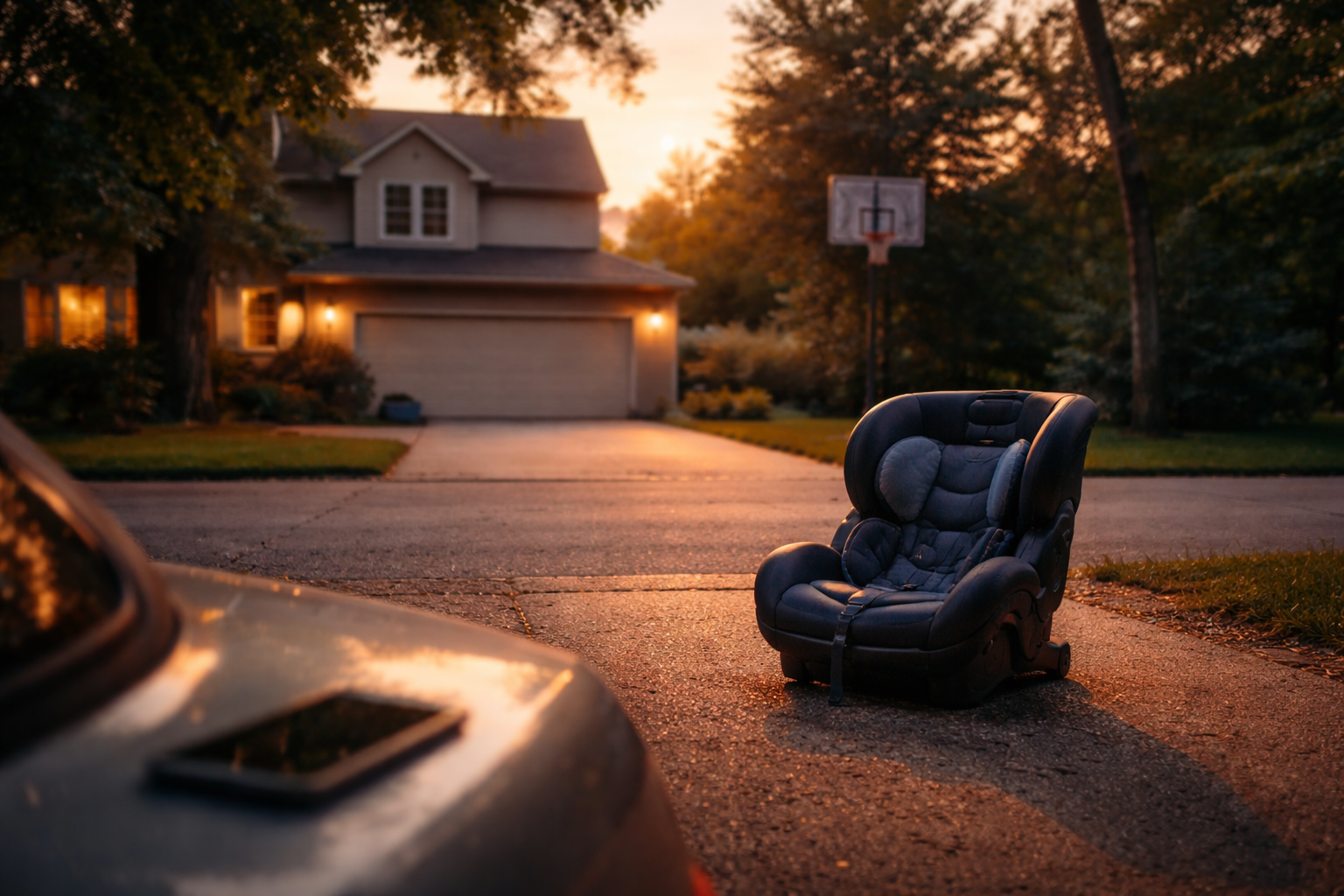 A quiet Texas driveway at sunset with an empty child car seat and a phone resting on a car, symbolizing custody exchange issues and enforcement concerns