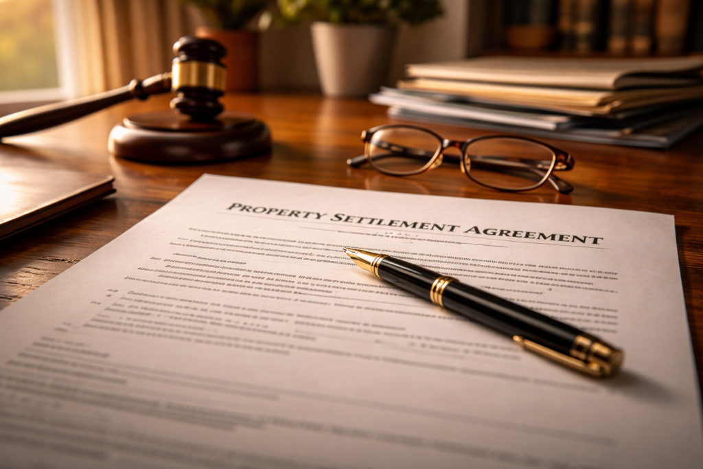 The image depicts a legal document and a pen resting on a desk, symbolizing the process of drafting a property settlement agreement in a Texas divorce. Such documents often detail the division of community property and separate property, which are crucial in determining the financial future of both spouses.