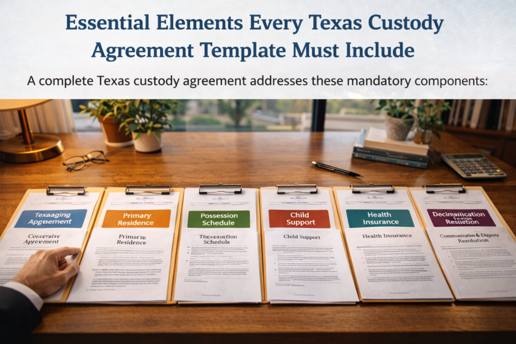 Wide-angle view of Texas child custody agreement documents organized on a desk, highlighting key elements such as conservatorship, possession schedules, child support, and decision-making rights