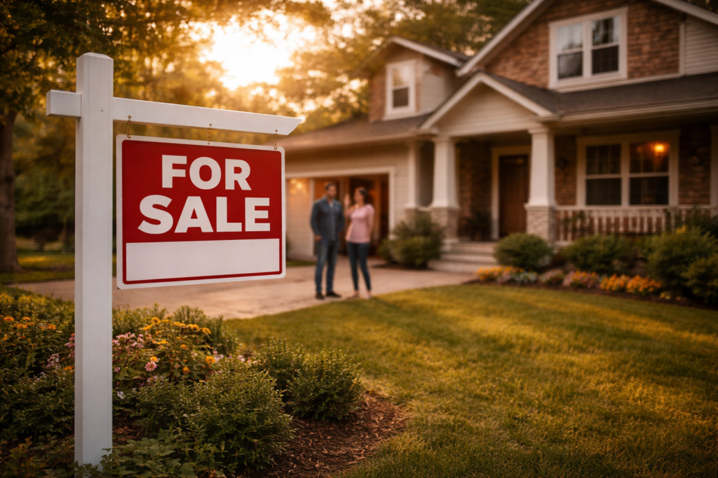 The image depicts a family home with a prominent "For Sale" sign in the front yard, symbolizing the property division that often occurs during divorce proceedings in Texas. This visual representation highlights the complexities of community property laws and the division of marital assets as couples navigate their separation.