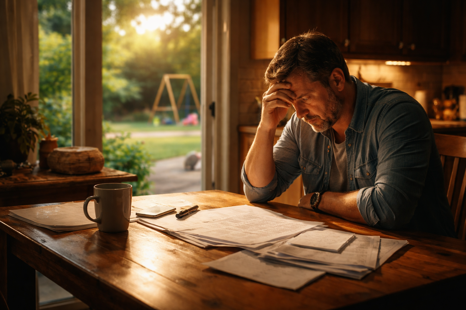 Father sitting alone at a kitchen table reviewing custody paperwork in the evening, reflecting on family changes and legal decisions during a child custody case in Texas