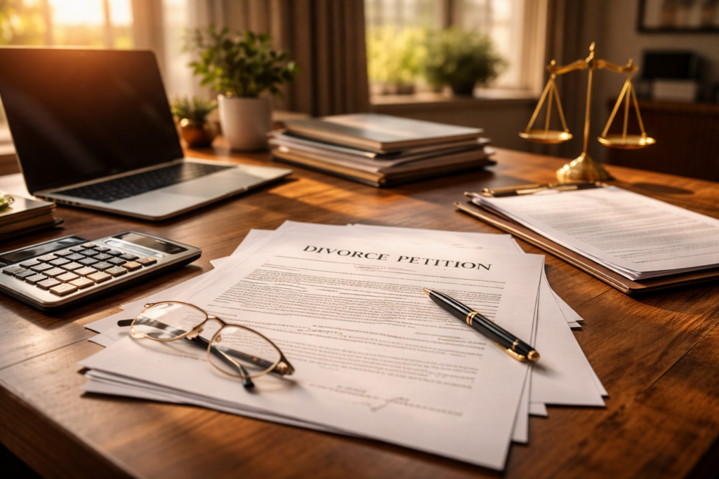 The image depicts a professional office setting featuring a desk cluttered with legal documents, including a divorce petition, alongside a laptop. This environment suggests a focus on the divorce process, highlighting the importance of legal representation and understanding the costs associated with divorce in Texas, such as attorney fees and court filing fees.