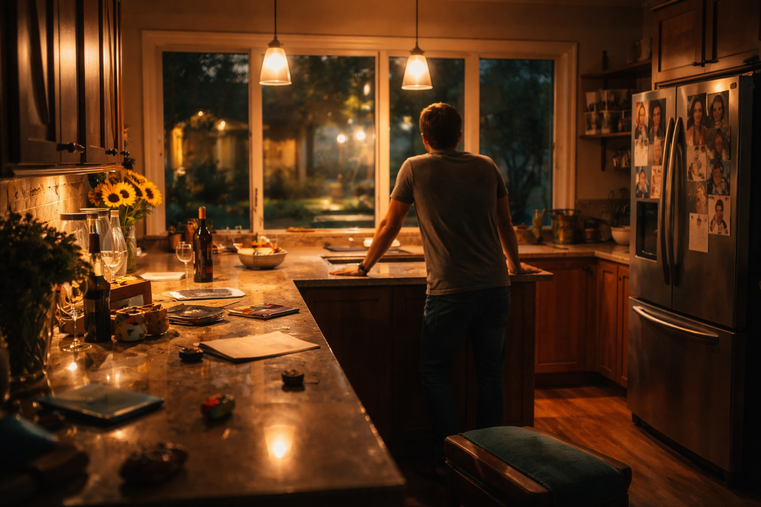 A Texas parent standing alone in a kitchen at night, reflecting on home, stability, and uncertainty during a divorce