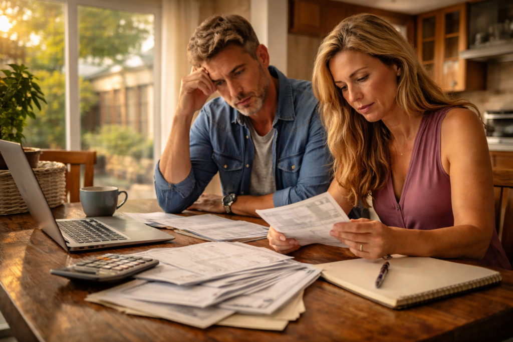 A couple sits at a kitchen table, looking concerned as they review financial documents related to their divorce process. Their expressions reflect the stress of understanding the hidden costs and potential financial implications of divorce in Texas, including attorney fees and court costs.