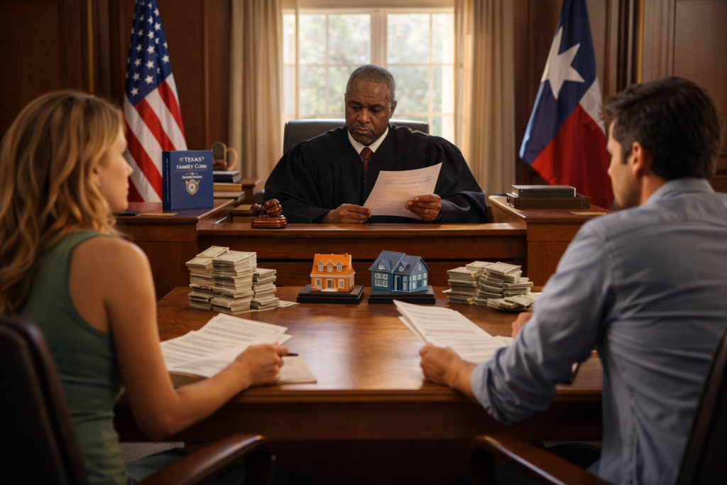 Texas judge reviewing documents as a divorcing couple sits before the bench with financial paperwork and property symbols, illustrating court division of assets in a Texas divorce
