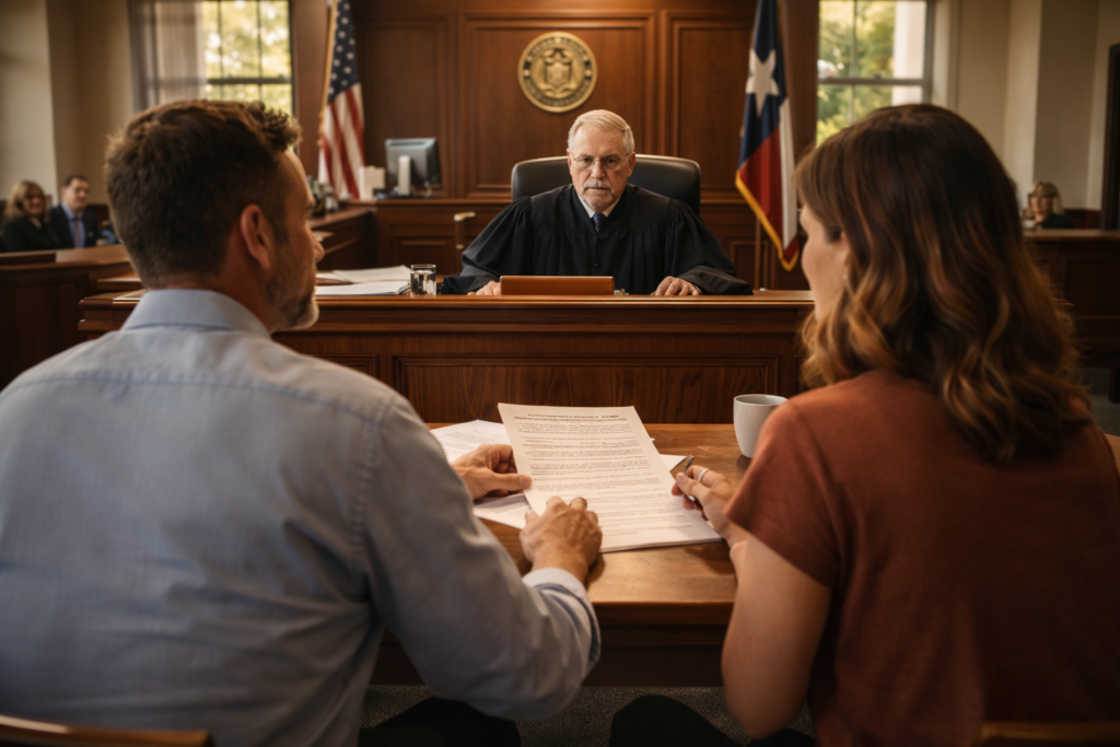 Couple seated in a Texas courtroom presenting an uncontested divorce agreement to a judge during a daytime prove-up hearing