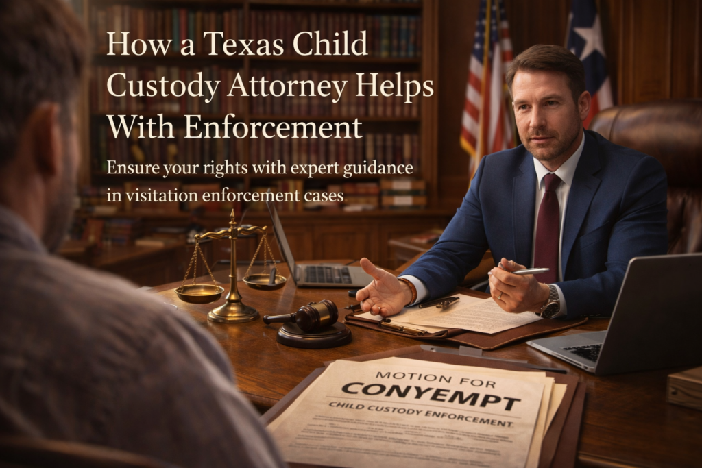 Wide-angle view of a Texas child custody attorney consulting with a parent at a desk with legal documents, symbolizing custody order enforcement guidance