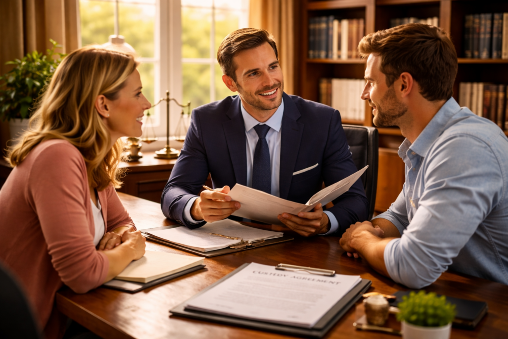 Texas child custody attorney meeting with parents in a sunlit office, discussing legal strategy and child-focused custody planning