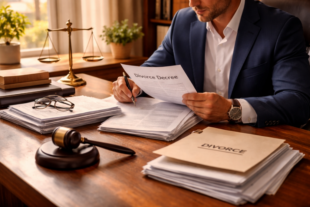 A professional sits at a desk in an office, reviewing legal documents related to divorce proceedings, including divorce papers and a divorce decree. The setting suggests a focus on understanding the uncontested divorce process and property division under Texas law, as the individual examines details regarding community property and separate property.