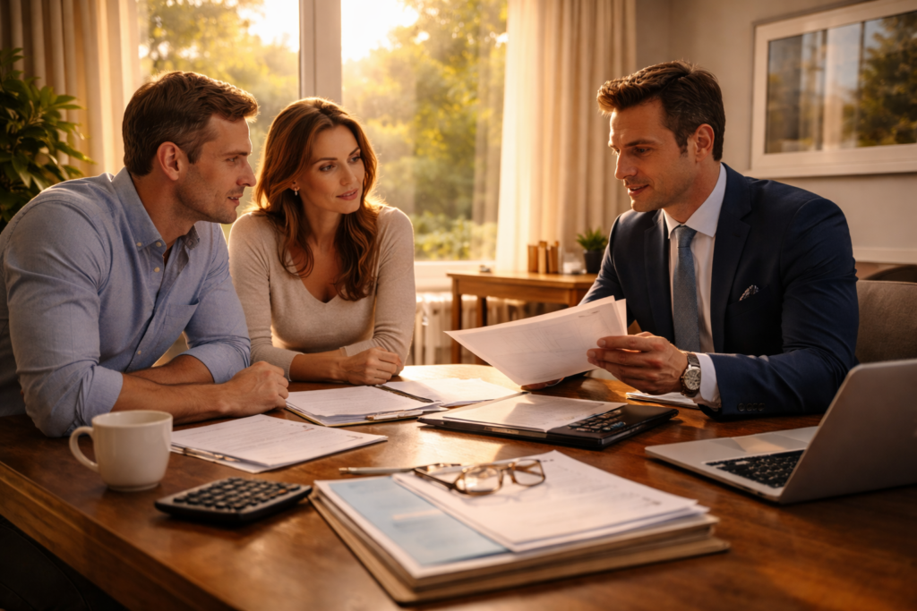 A couple meeting with a divorce attorney in a sunlit office, reviewing documents and discussing legal and financial matters together