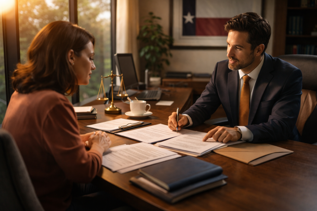 In a modern office setting, two individuals are engaged in a professional legal consultation, discussing various documents related to family law matters. This scene emphasizes the importance of informed decision-making in the divorce process, showcasing a legal team dedicated to providing compassionate support for Texas residents navigating family law cases.