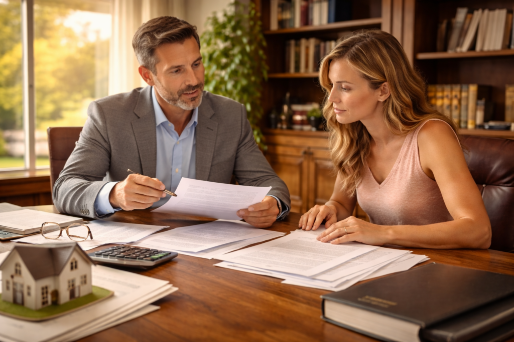 In a law office, a professional attorney is meeting with a client to discuss important documents related to property division in a Texas divorce. They are focusing on community property and separate property, ensuring a clear understanding of how assets will be fairly divided during the divorce proceedings.