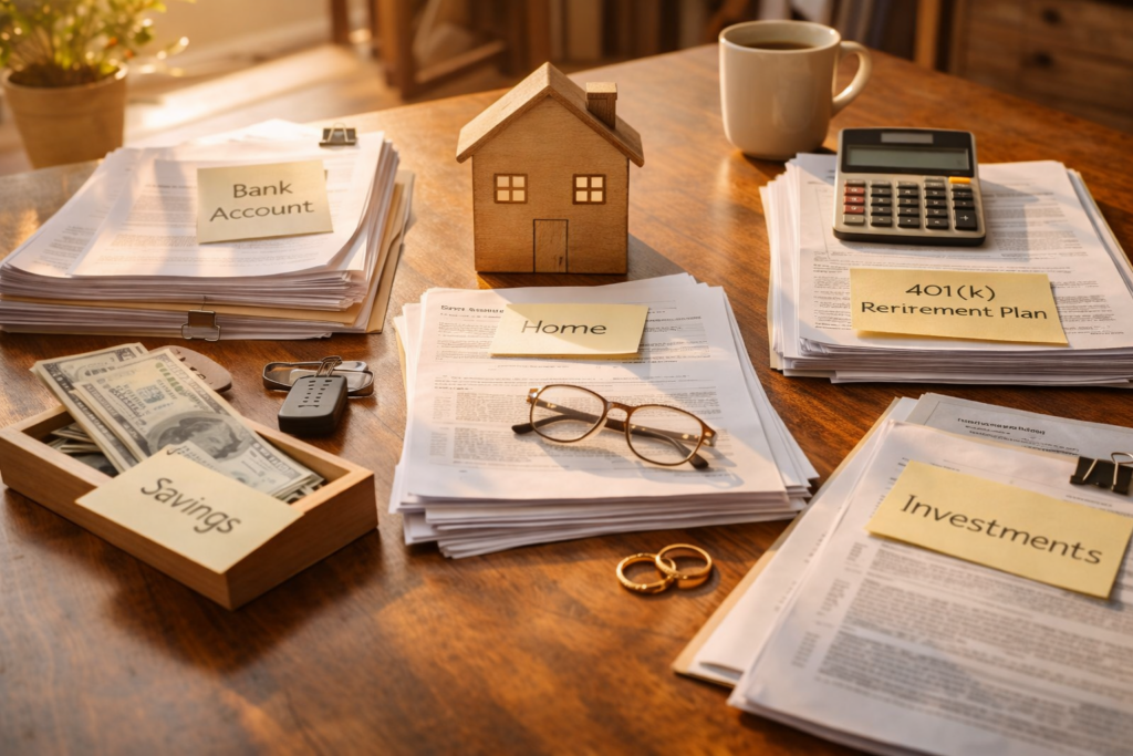 Documents and personal items representing a home, savings, retirement accounts, and investments arranged on a table to illustrate property division in an uncontested Texas divorce.