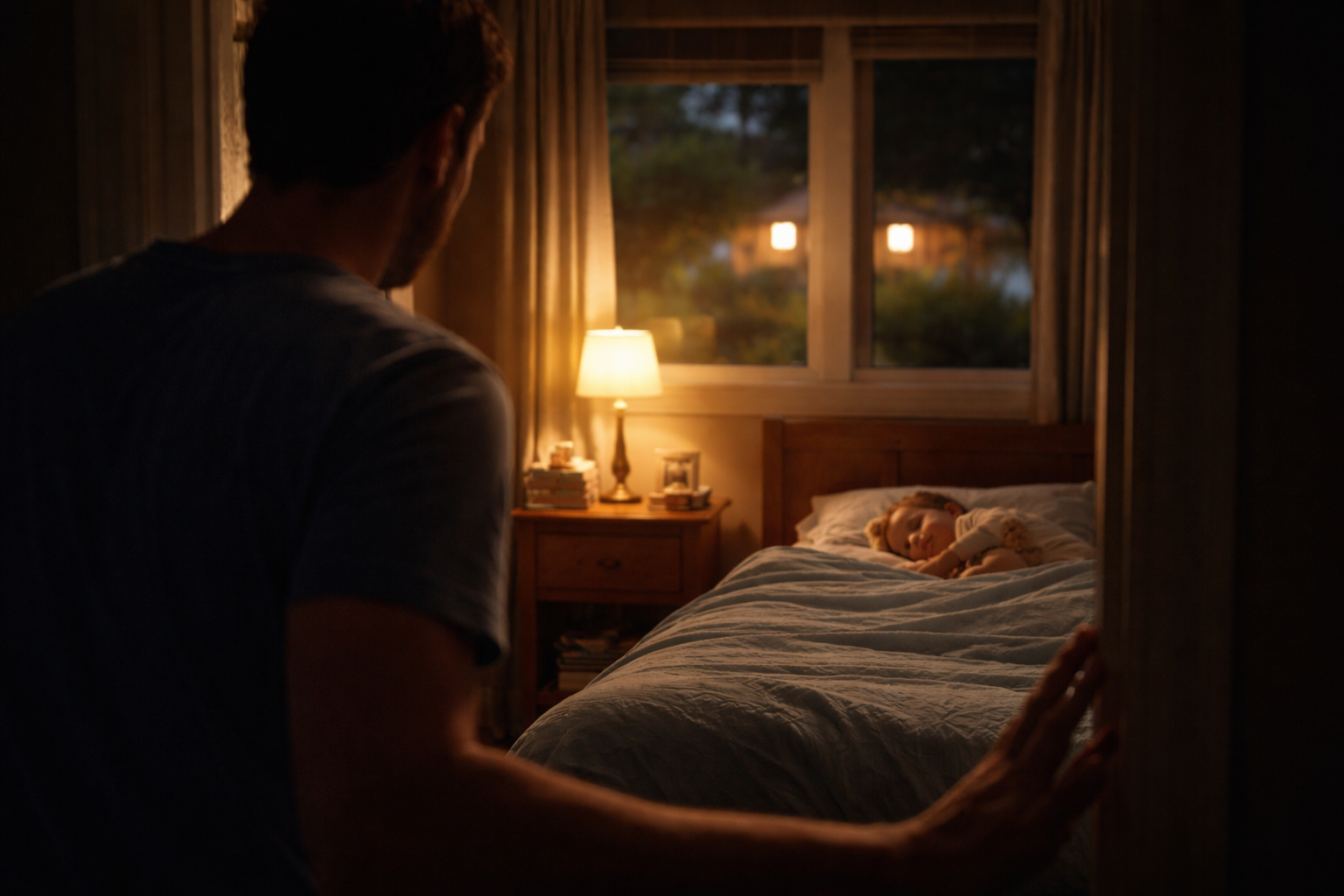 A parent standing quietly in a doorway, watching their child sleep in a softly lit bedroom late at night