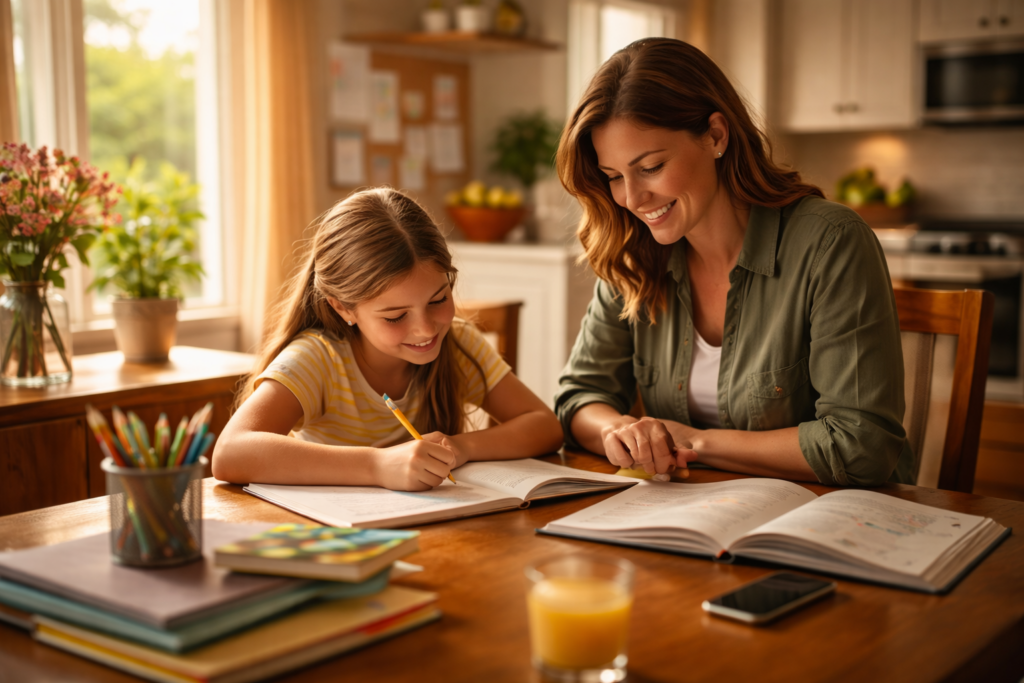 A parent is sitting at a kitchen table, assisting their child with homework in a bright and inviting home environment. This scene reflects the positive aspects of the parent-child relationship, which can be crucial during child custody evaluations and custody disputes.